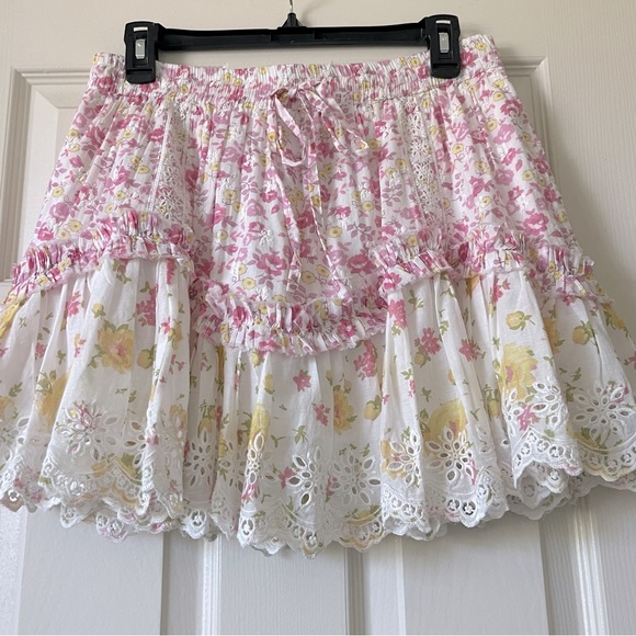 LoveShackFancy Becca Pink Floral Eyelet Ruffles Mini Skirt Size M - Picture 2 of 14